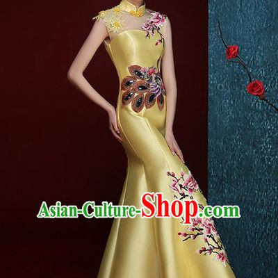 Chinese Traditional Compere Full Dress Embroidered Mangnolia Yellow Cheongsam Chorus Costume for Women