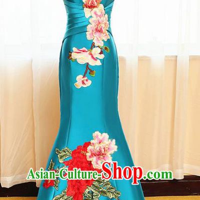 Chinese Traditional Embroidered Peony Off Shoulder Blue Full Dress Compere Chorus Costume for Women
