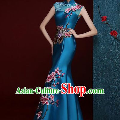 Chinese Traditional Compere Full Dress Embroidered Mangnolia Blue Cheongsam Chorus Costume for Women