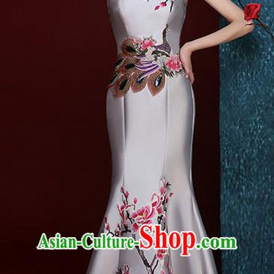 Chinese Traditional Compere Full Dress Embroidered Mangnolia Grey Cheongsam Chorus Costume for Women