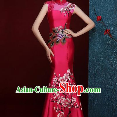 Chinese Traditional Compere Full Dress Embroidered Mangnolia Rosy Cheongsam Chorus Costume for Women