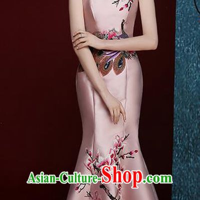 Chinese Traditional Compere Full Dress Embroidered Mangnolia Pink Cheongsam Chorus Costume for Women