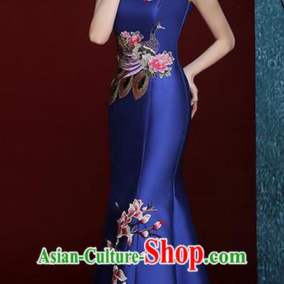 Chinese Traditional Compere Full Dress Embroidered Mangnolia Royalblue Cheongsam Chorus Costume for Women