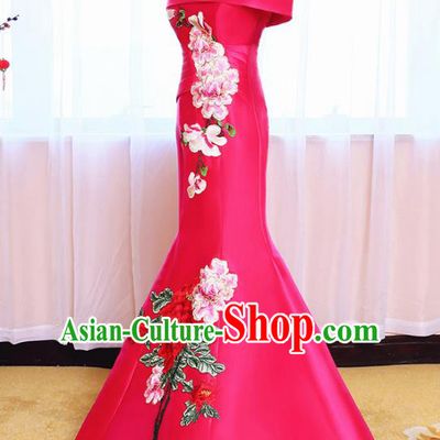 Chinese Traditional Embroidered Peony Off Shoulder Rosy Full Dress Compere Chorus Costume for Women
