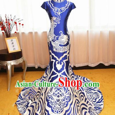 Chinese Traditional Catwalks Blue Cheongsam Compere Chorus Costume for Women