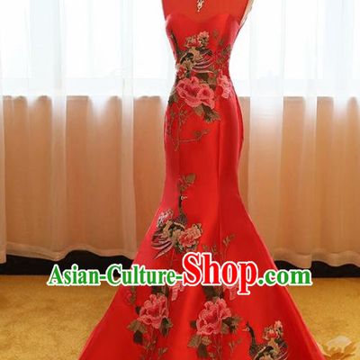 Chinese Traditional Compere Catwalks Red Cheongsam Chorus Costume for Women