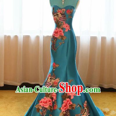Chinese Traditional Compere Catwalks Blue Cheongsam Chorus Costume for Women