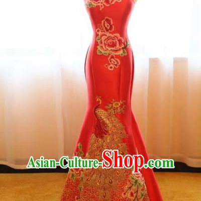 Chinese Traditional Compere Red Full Dress Cheongsam Chorus Costume for Women