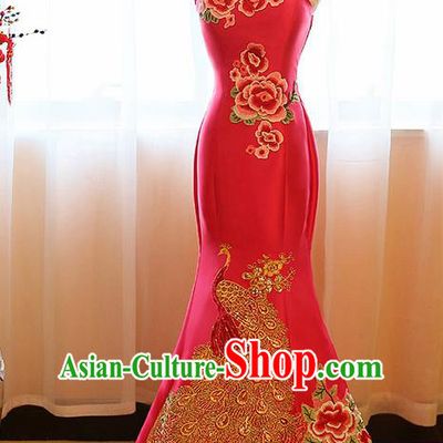 Chinese Traditional Compere Rosy Full Dress Cheongsam Chorus Costume for Women