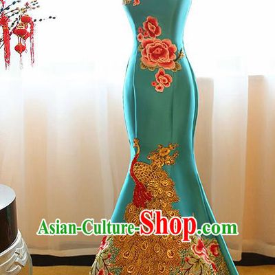 Chinese Traditional Compere Blue Full Dress Cheongsam Chorus Costume for Women