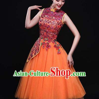 Chinese Traditional Classical Dance Orange Dress Umbrella Dance Costume for Women