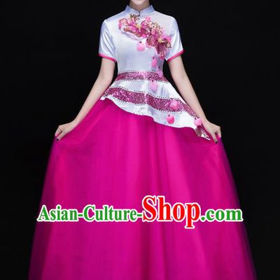 Professional Chorus Costumes Chinese Classical Dance Folk Dance Compere Rosy Dress for Women