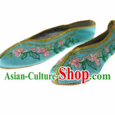 Asian Chinese Ancient Green Satin Hanfu Shoes Traditional Embroidered Shoes for Kids