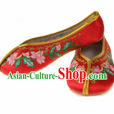 Asian Chinese Ancient Red Satin Hanfu Shoes Traditional Embroidered Shoes for Kids
