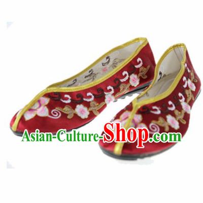 Asian Chinese Traditional Wine Red Blood Stained Shoes Ancient Embroidered Shoes for Women