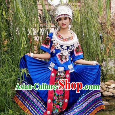 Chinese Traditional Miao Nationality Costume Hmong Bride Embroidered Blue Dress and Headpiece for Women