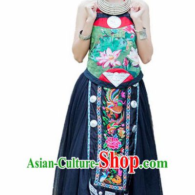 Chinese Traditional Zhuang Nationality Embroidered Lotus Costumes Hmong Dress and Headpiece for Women
