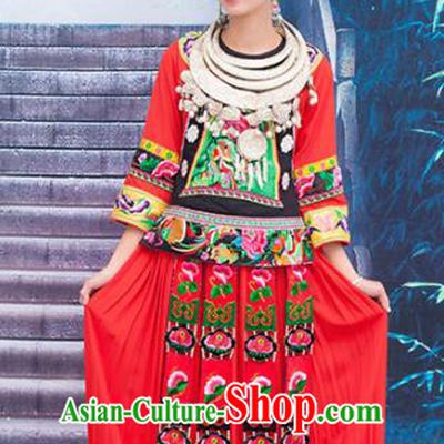 Chinese Traditional Miao Nationality Embroidered Red Costumes and Headpiece for Women