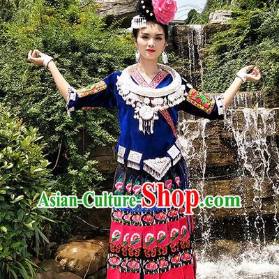 Chinese Traditional Miao Nationality Embroidered Blue Costumes and Headpiece for Women