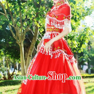 Chinese Traditional Miao Nationality Dance Wedding Embroidered Red Costumes and Headpiece for Women