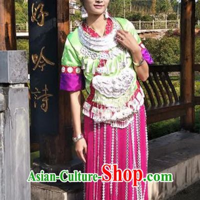 Chinese Traditional Miao Minority Dance Embroidered Costumes and Jewelry Accessories for Women