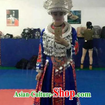 Chinese Traditional Miao Minority Dance Embroidered Blue Costumes and Headwear for Women