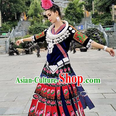 Traditional Chinese Miao Minority Embroidered Costumes and Headwear for Women