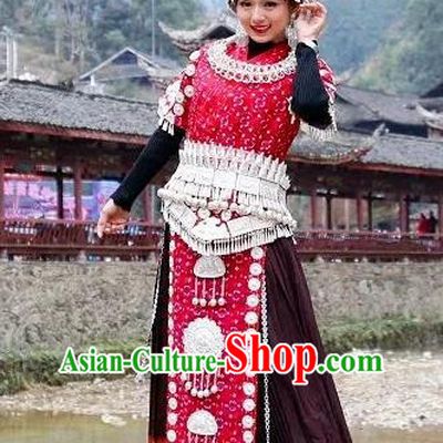 Traditional Chinese Miao Minority Costumes Hmong Female Embroidered Dress and Headpiece Complete Set