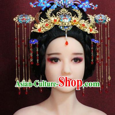 Chinese Ancient Imperial Consort Hair Accessories Tang Dynasty Empress Cloisonne Phoenix Coronet Hairpins for Women