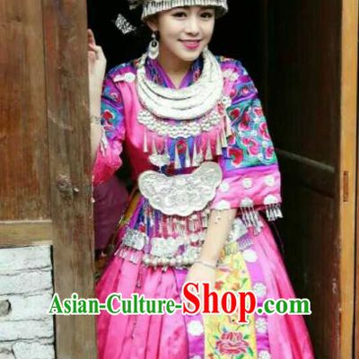 Traditional Chinese Miao Minority Wedding Costumes Hmong Embroidered Pink Dress and Sliver Headpiece for Women