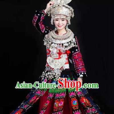 Traditional Chinese Miao Minority Wedding Embroidered Costumes and Headpiece for Women