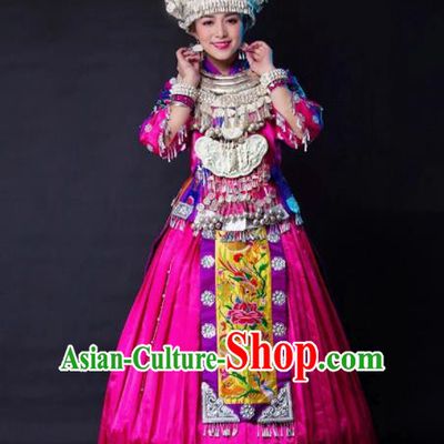 Traditional Chinese Miao Minority Embroidered Rosy Wedding Costumes and Headpiece for Women