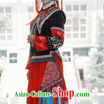 Chinese Traditional Yi Nationality Dance Costumes and Hat Complete Set for Women