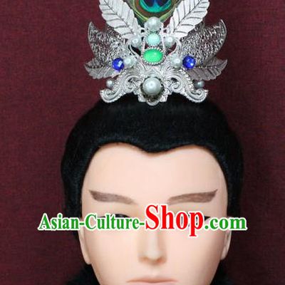 Chinese Traditional Swordsman Feather Hair Accessories Ancient Han Dynasty Prince Hairdo Crown for Men