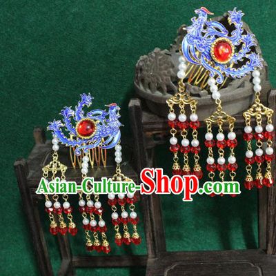 Chinese Ancient Empress Handmade Hair Accessories Blueing Phoenix Hair Comb Hairpins for Women