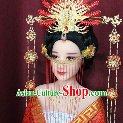 Chinese Ancient Ming Dynasty Empress Hair Accessories Red Phoenix Coronet Hairpins for Women