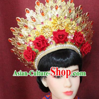 Chinese Handmade Tang Dynasty Imperial Consort Phoenix Coronet Ancient Court Hair Accessories Red Rose Hats for Women
