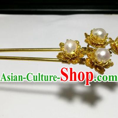 Chinese Handmade Hair Accessories Golden Peony Pearls Hairpins Ancient Hanfu Hair Clip for Women