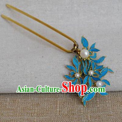 Chinese Handmade Hair Accessories Pearls Blueing Hairpins Ancient Hanfu Hair Clip for Women