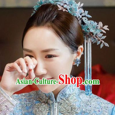 Chinese Ancient Bride Hair Accessories Blue Leaf Hair Comb Hanfu Handmade Hairpins for Women