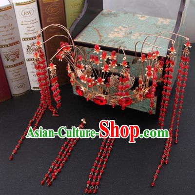 Chinese Ancient Bride Hair Accessories XiuHe Suit Red Crystal Phoenix Coronet Hanfu Handmade Hairpins for Women
