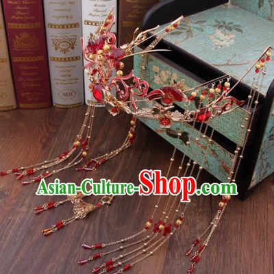 Chinese Ancient Bride Hair Accessories XiuHe Suit Red Phoenix Coronet Hanfu Handmade Hairpins for Women
