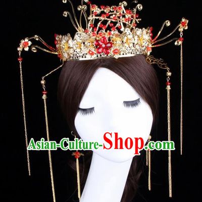 Chinese Ancient Bride XiuHe Suit Phoenix Coronet Hair Accessories Hanfu Handmade Hairpins Complete Set for Women