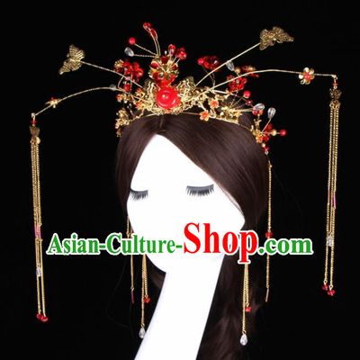 Chinese Ancient Bride Hair Accessories XiuHe Suit Golden Phoenix Coronet Hanfu Handmade Hairpins Complete Set for Women
