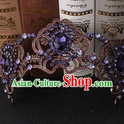 Top Grade Bride Hair Accessories Wedding Purple Crystal Royal Crown for Women