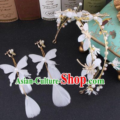 Top Grade Bride Hair Accessories Wedding Crystal Hair Clasp and Feather Earrings for Women