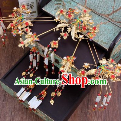 Chinese Ancient Bride Cloisonne Butterfly Hair Clip XiuHe Suit Hair Accessories Hanfu Handmade Hairpins for Women