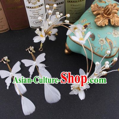 Top Grade Bride Hair Accessories Wedding Feather Hair Clasp and Earrings for Women