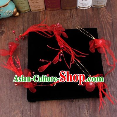 Top Grade Bride Hair Accessories Wedding Red Feather Hair Clasp Hairpins for Women