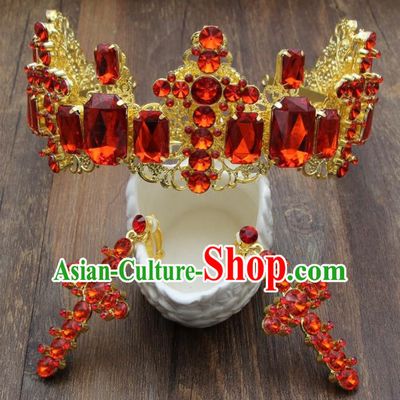 Top Grade Bride Hair Accessories Wedding Red Crystal Royal Crown and Earrings for Women